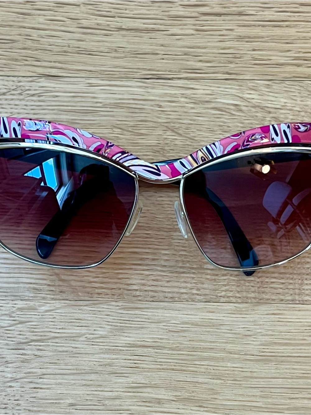 Emilio Pucci Pink Print Cat Eye Sunglasses Gold Semi-Rimless Italy